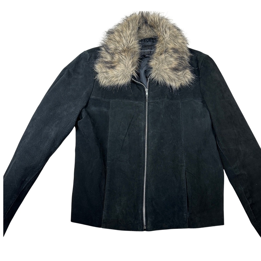 John Paul Richard Womens Black Genuine Leather Suede Faux Fur‎ Collar Jacket L